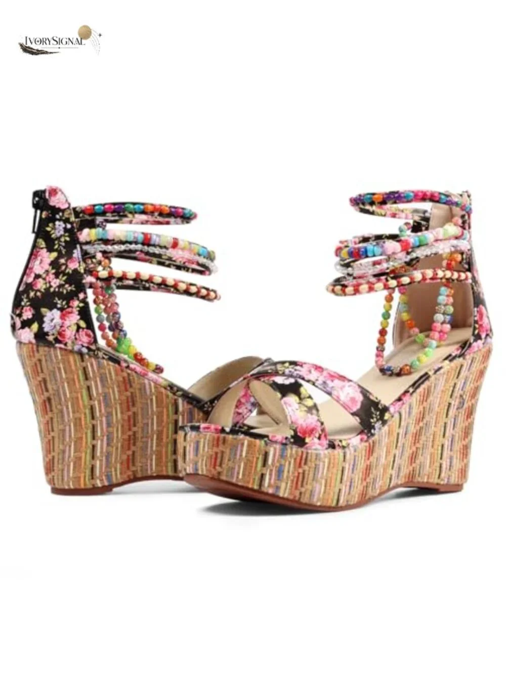 Women's Wedge Sandals with Pearls Platform High Heels Back Zipper